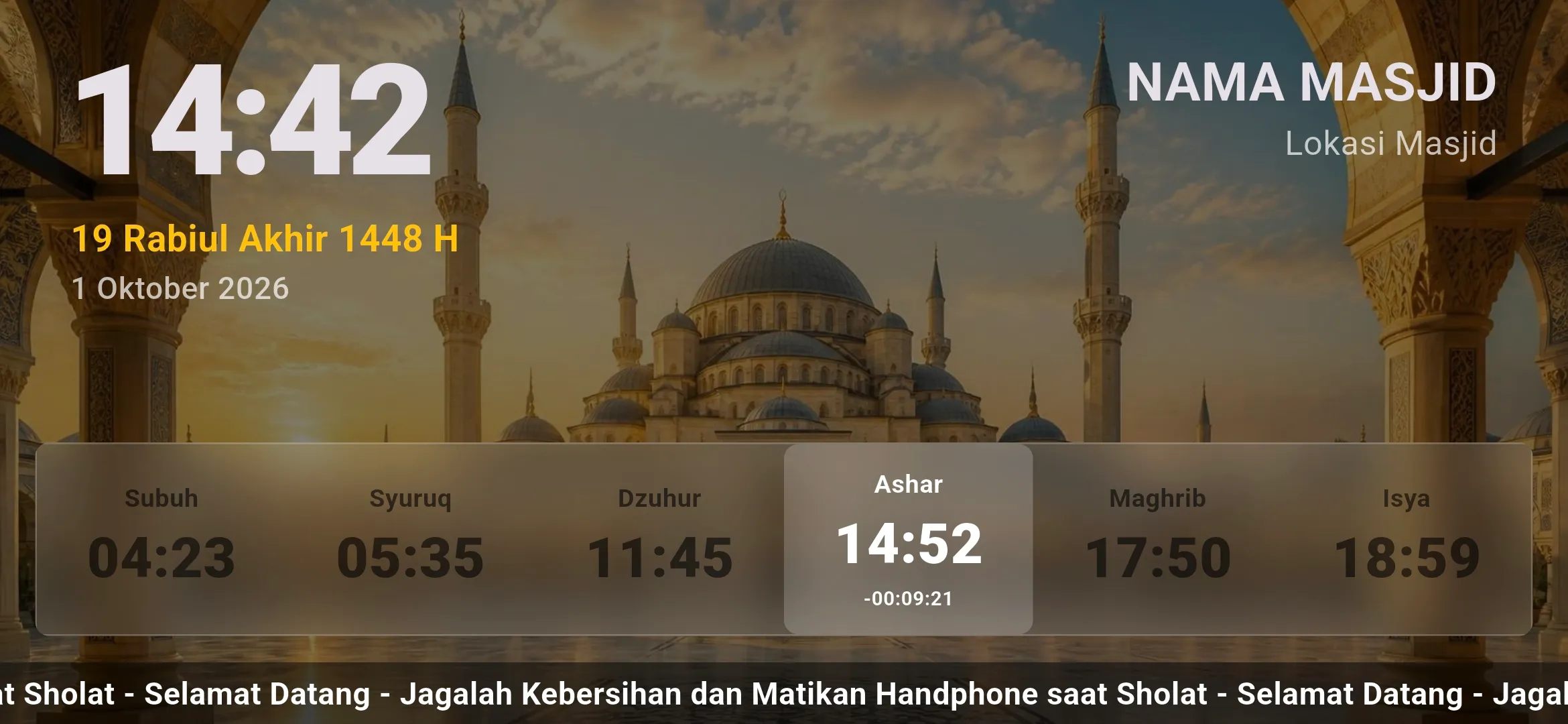 Tampilan jam sholat TV digital: jam, tanggal Hijriah dan Masehi, jadwal sholat, dan running text