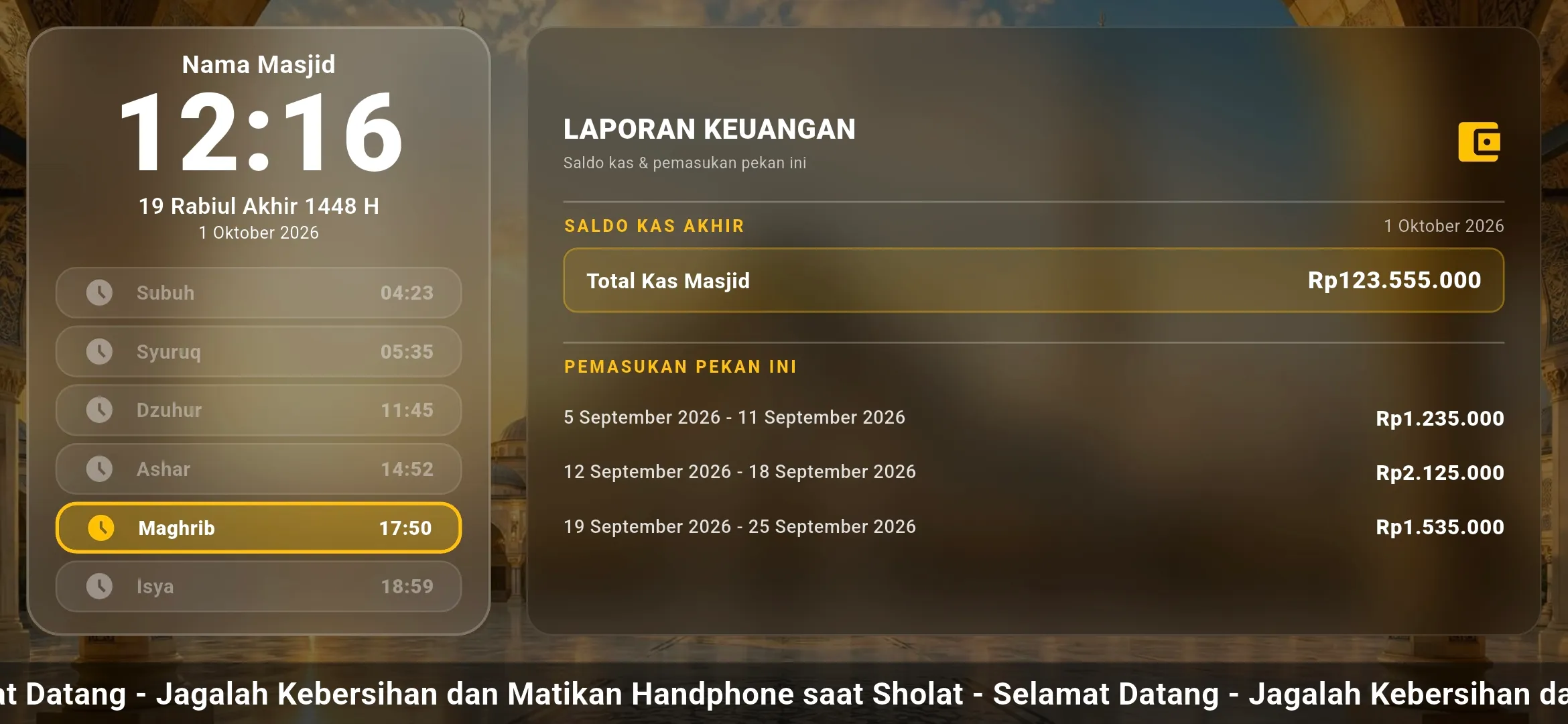 Layar laporan kas masjid: saldo kas dan pemasukan pekan ini