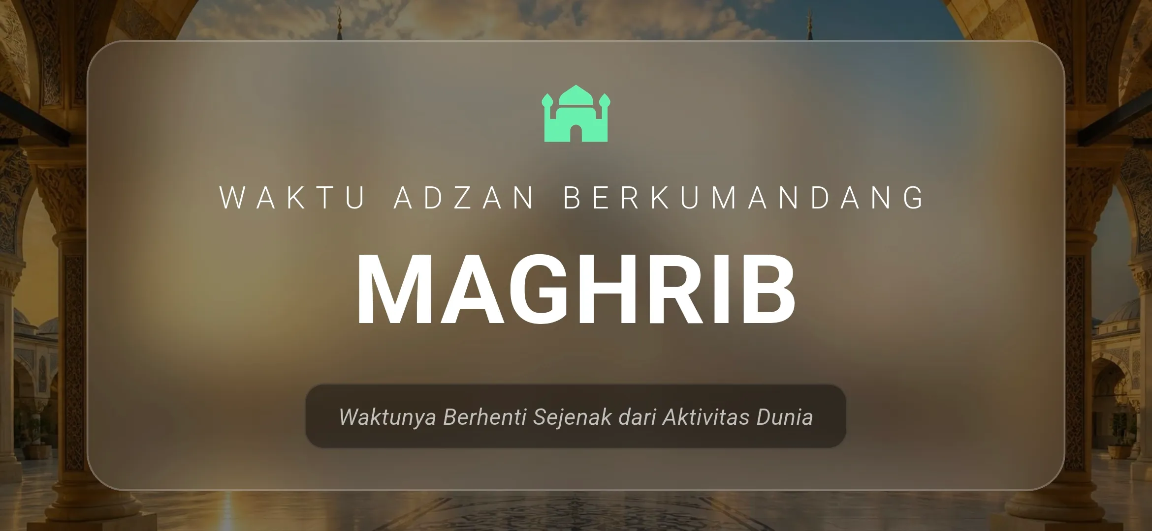 Layar waktu adzan berkumandang untuk sholat Maghrib di jam sholat TV masjid